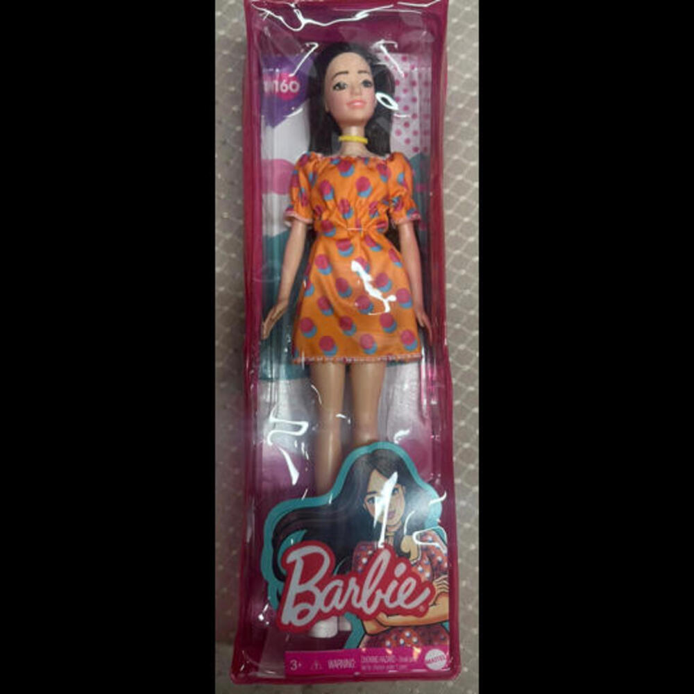 Barbie Fashionistas Doll #160 Orange Polka Dot Dress Dark Hair New 2021 Release